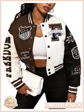 Women's Varsity Bomber Letterman Jacket Cotton Blend Cropped Y2k Streetwear